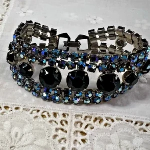 EXQUISITE VTG 5 1/2" Bracelet  BLACK & SAPPHIRE BLUE RHINESTONES 1960's