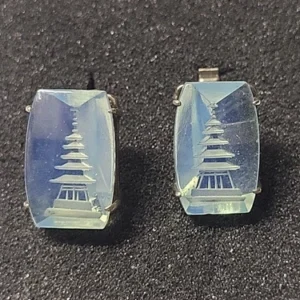 Japan Fine Silver Cufflinks  Pagoda Reverse Carved Opaline Glass