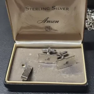 Antique Anson Sterling Silver Men's Cufflinks Tie Clip Ingraved Letter M