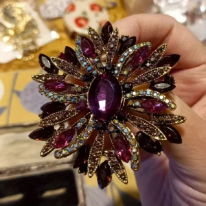 Vintage Style Large Sparkly Purple Flower Brooch Pin with Gemstones